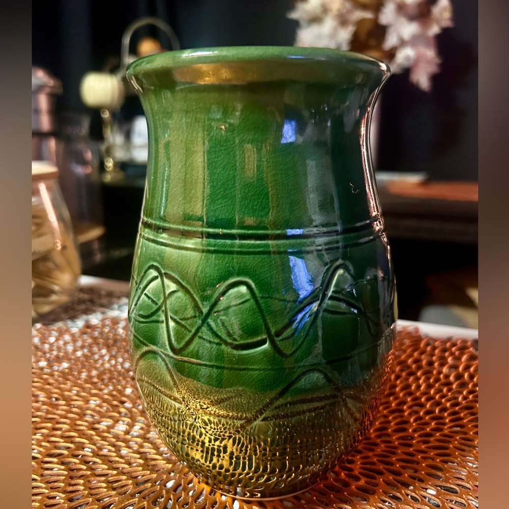 Studio pottery vase 7” green